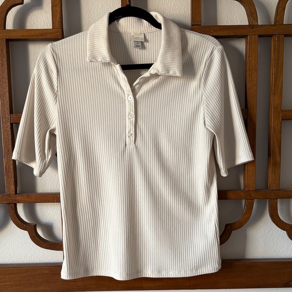 Cream Ribbed Polo Top
